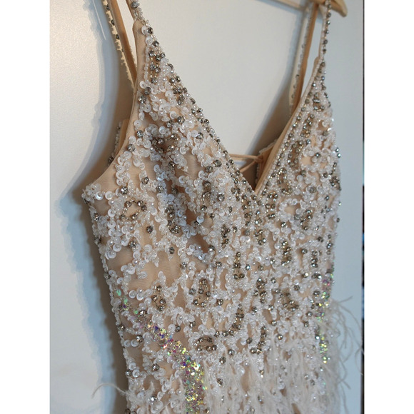 Vintage Y2K Dress 6 Nude Cocktail Party Sequin Beaded Feather Lace Up Back Mini - Picture 4 of 16